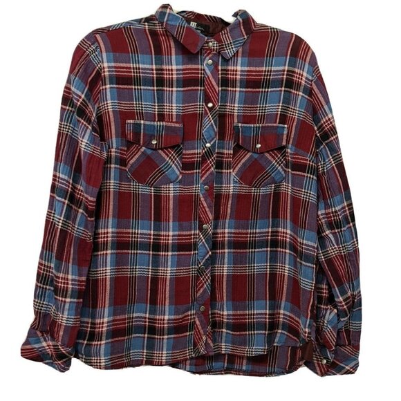 KUT from the Kloth Snap Button Up Shirt Women's Sz Medium Maroon Blue Plaid - Picture 1 of 10